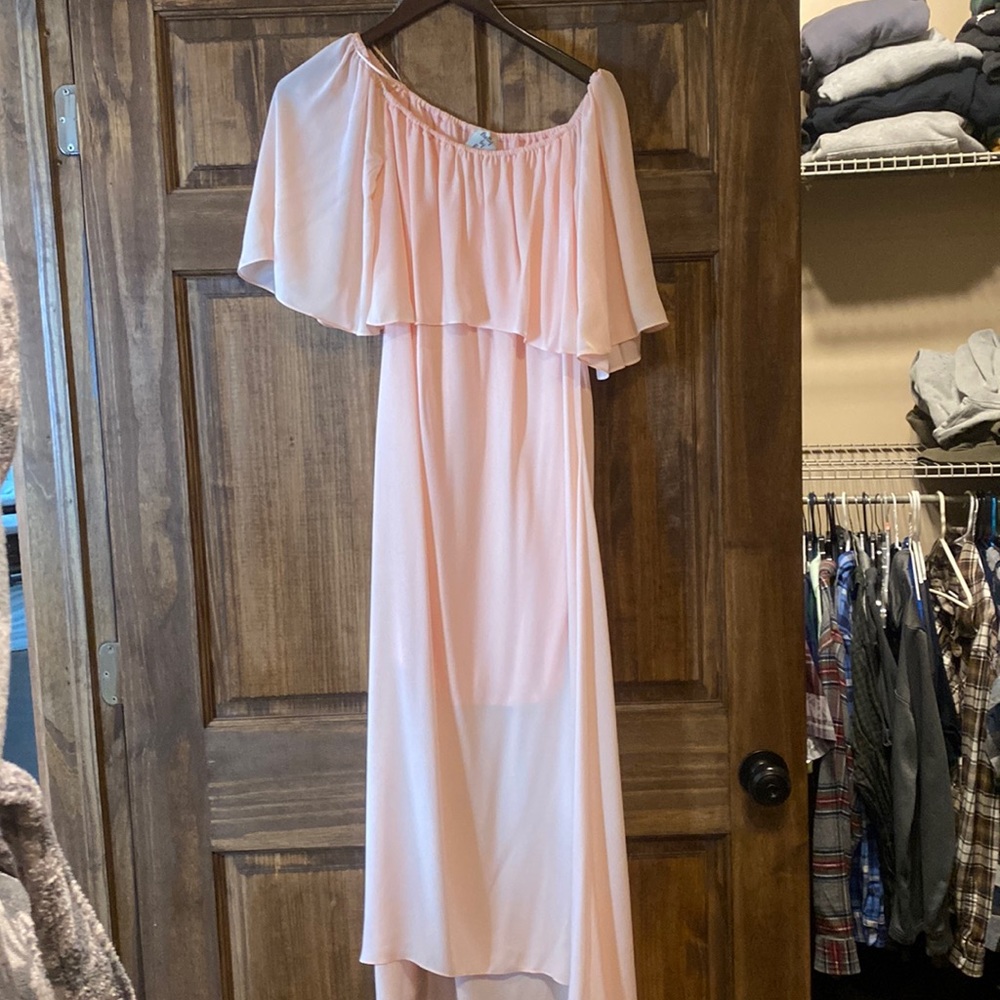 Off the shoulder high low light pink dress size small